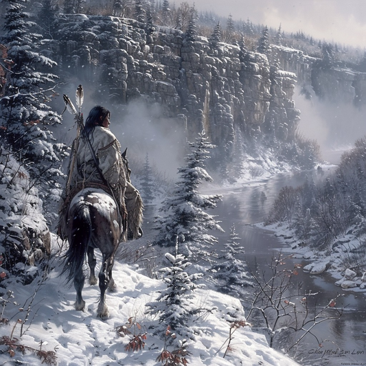 A Native Warrior's Path Amidst Winter's Chill Horse Canvas