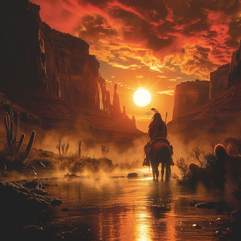 Sunset Symphony Warrior's Ride to the Melody of Falling Waters Native American Horse Canvas