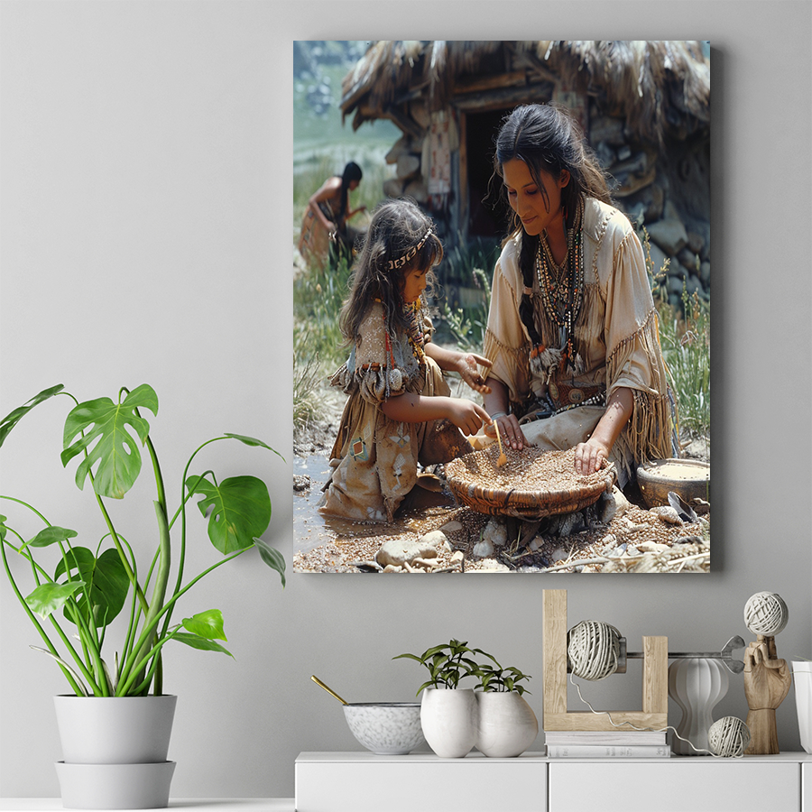 Mother and Child in the Tapestry of Native Life American Canvas