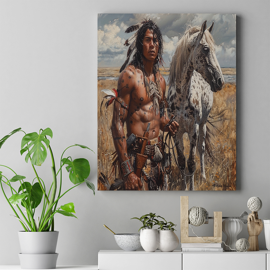 Footprints of Pride and Tradition Native American White Horse Canvas