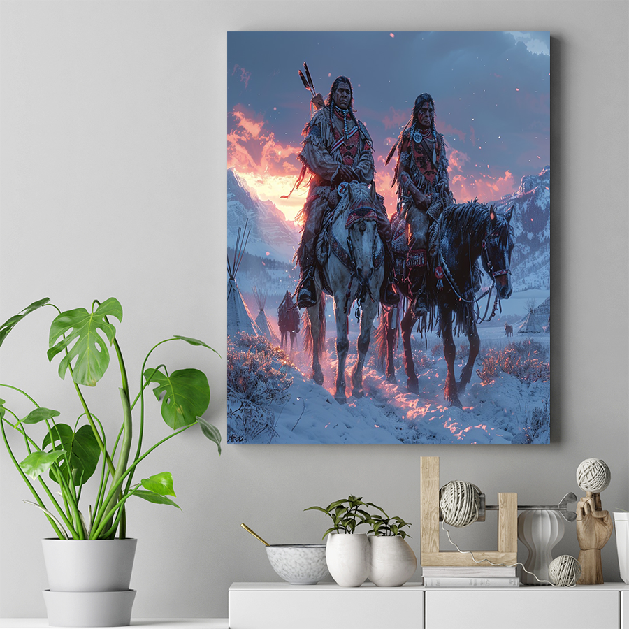 Braving the Winter's Glow Native American Horse Canvas