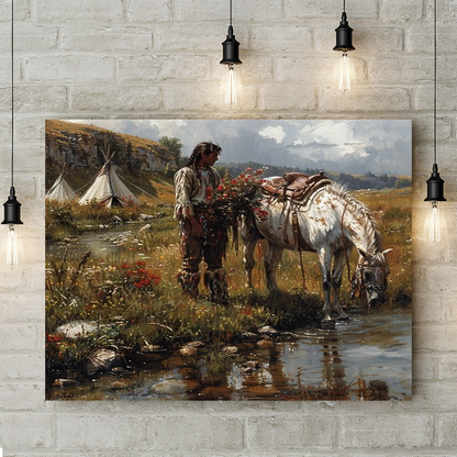 A Moment of Tranquility Native American White Horse Canvas