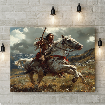 Native American Archer on White Steed White Horse Canvas