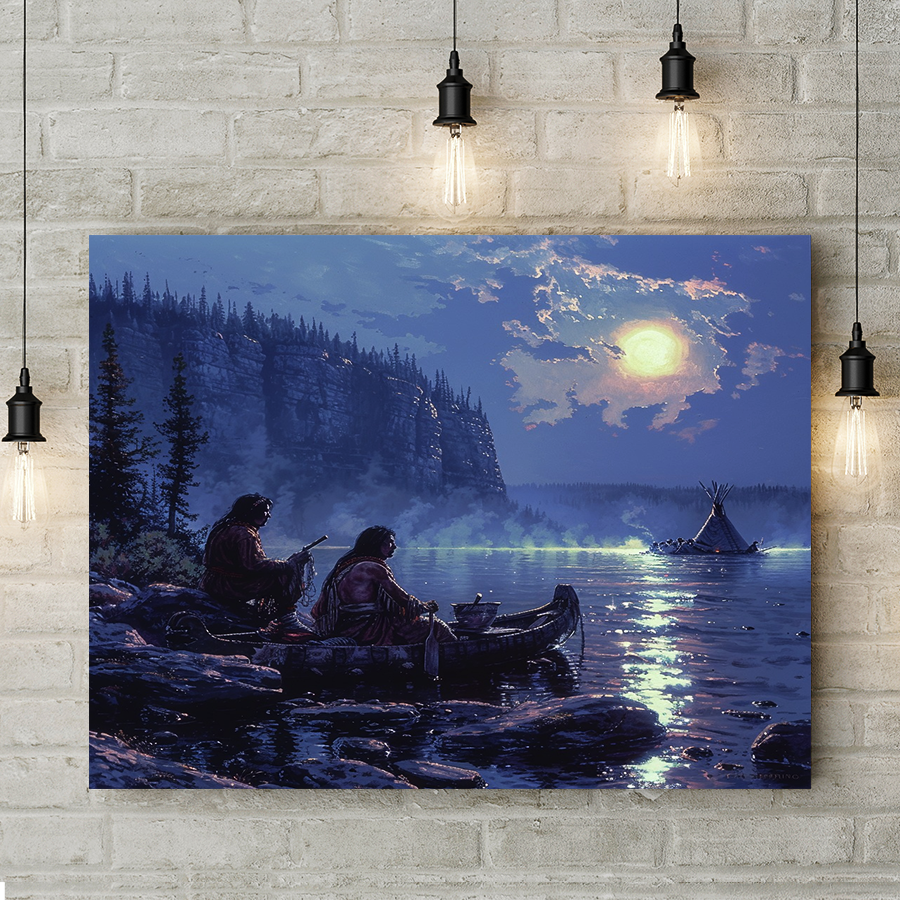 Nightfall at the Lakeside Native American Canvas